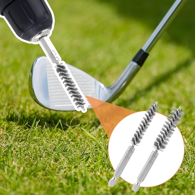 2pcs Golf Club Head Hosel Brush, Stainless Steel Bore Wire Brush with Hex Shank Handle, Golf Club Shaft Ferrules Cleaning Tool for Electric Drill- Silver