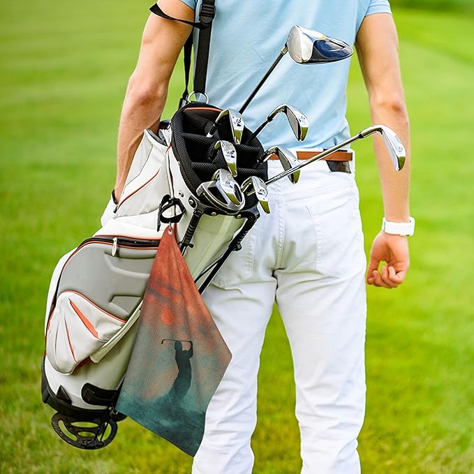 Funny Golf Towel with Carabiner Clip 24"x16" Orange Teal Cool Design Golf Towels for Golf Bags Microfiber Waffle Golf Rag for Disc Balls Clubs Golfs Accessories for Men Women Dad