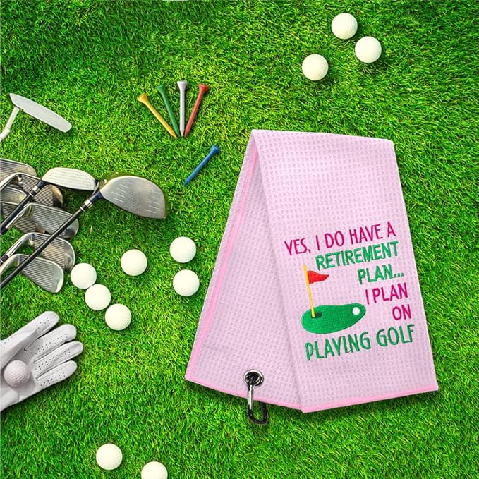 ERHACHAIJIA Yes I'd Have A Retirement Plan Embroidered Golf Towel with Clip. Funny Golf Accessories Gifts for Women Golfer Grandma Mom Aunty, Retirement (Pink)