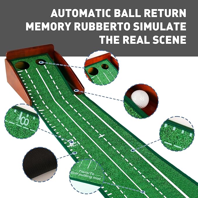 Indoor Golf Putting Green, Putting Mat with Automatic Ball Return - Solid Wood Structure No Humping, Suitable for Home, Office and Outdoor Play - Ideal Golf Gift for Men and Women