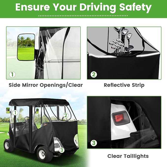 10L0L 2 Passenger Golf Cart Enclosure -61" Roof Fit Universal for EZGO TXT RXV & Club Car DS Precedent with Side Mirror Openings,Waterproof 600D Rain Cover,Transparent Tail Light Panel,4-Sided Windows
