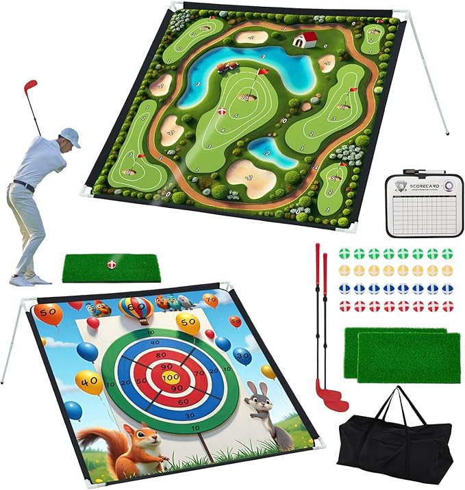 2-IN-1 Portable Golf Chipping Game Set 6×6FT 2PCS Adjustable Golf Practice Mat with 3-Level Golf Clubs 40 Sticky Balls for Indoor Outdoor Training Playing Chipping Golf Game Practice For Golfers