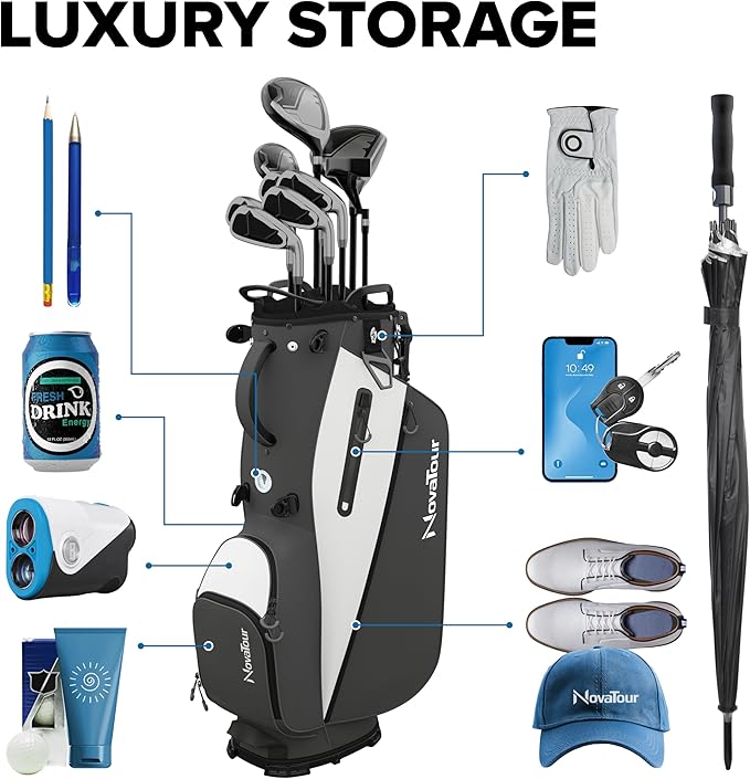 Golf Stand Bag - Lightweight Golf Bag with Stand and 7 Way Dividers, Dual Strap, Waterproof Pocket, Insulated Sleeve, Easy-Lift Handles and Swing-Cam Holder