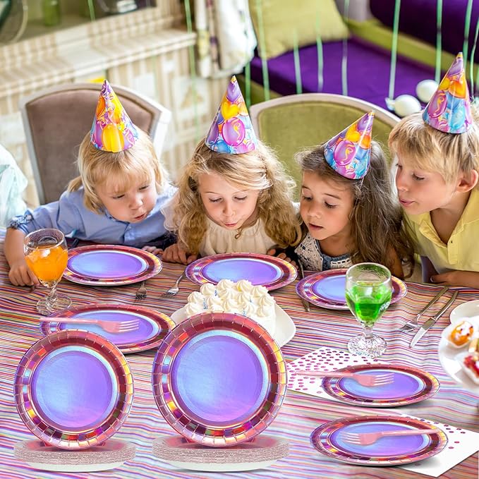 96Pcs Iridescent Pink Party Decorations Iridescent Theme Tableware Set Hot Pink Holographic Paper Plates Napkins Fork for Birthday Dinnerware Girls Women Mermaid Disco Shiny Laser Supplies 24 Guests