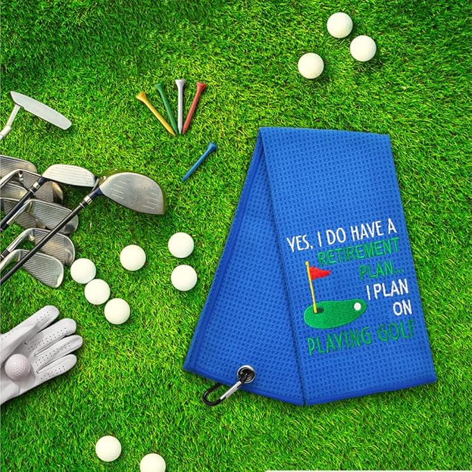 ERHACHAIJIA Yes I'd Have A Retirement Plan Embroidered Golf Towel with Clip. Funny Golf Accessories Gifts for Men Women Golfer Grandma Grandpa Mom Dad, Retirement (Blue)