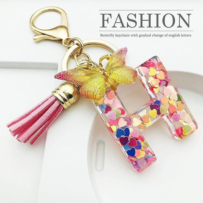 JINGUAZI Initial letter Keychains for Women Tassel Butterfly Pink Purple Cute Car Keychain for Wallet Backpack bag charm
