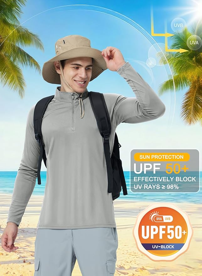 CRYSULLY Men's Long Sleeve 1/4 Zip Shirts Sun Protection Pullover UPF 50+ Rash Guard Running Lightweight T Shirt