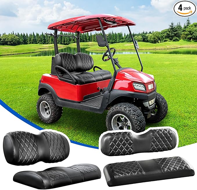 NOKINS Golf Cart Front&Rear Seat Covers Kit, Front Seat Covers Fits Club Car Precedent/Tempo/Onward Premium Seat Cushion, Rear Seat Covers Fits Aftermarket Standard Cushion (Black&Black Stitch)