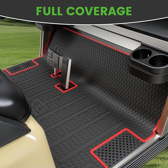 Club Car DS Floor Mat Full Coverage Liner Mats Replacement Non-Slip Heavy-Duty 6mm Rubber Design, Easy to Clean, Fits Club Car DS 1982-2013 / Villager 1982-2018, Black with Red