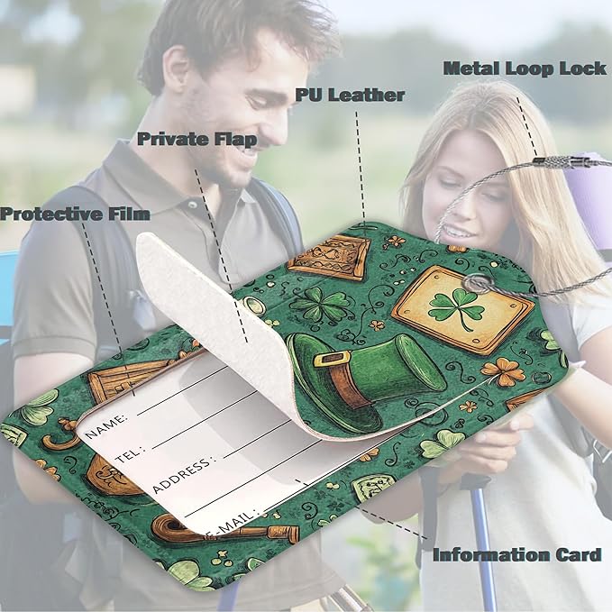 3 Pack Luggage Tag for Suitcase Leather Travel Cruise Luggage Tag with Stainless Steel Loop Name ID Label Privacy Cover for Adults Teens Travel Bag Labels Set (St. Patrick’s Day)