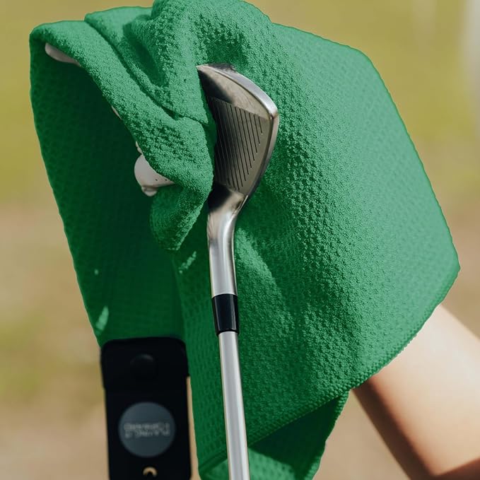 Magnetic Golf Towels for Golf Bags with Clip & Ultra Strong Magnet - Waffle Weave Microfiber Towel for Secure Hold on Bags & Carts - Ideal Club Cleaner & Accessories - Green
