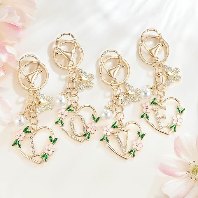 Gold Heart Initial Letter Keychain for Women Key chain Keyring for Purse Handbags Backpack Charm