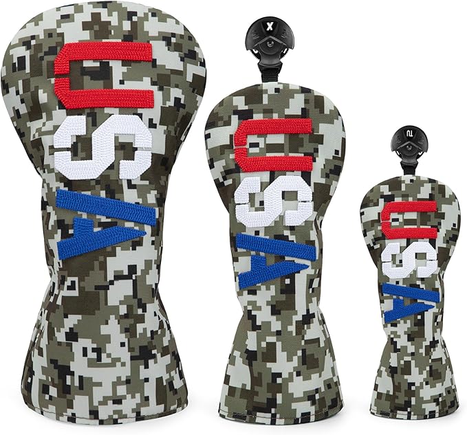 Golf Club Head Covers, Camouflage USA Design Golf Driver Covers, Fairway Wood and Hybrid Head Covers with Interchangeable Tags, Durable Canvas Material Golf Club Covers