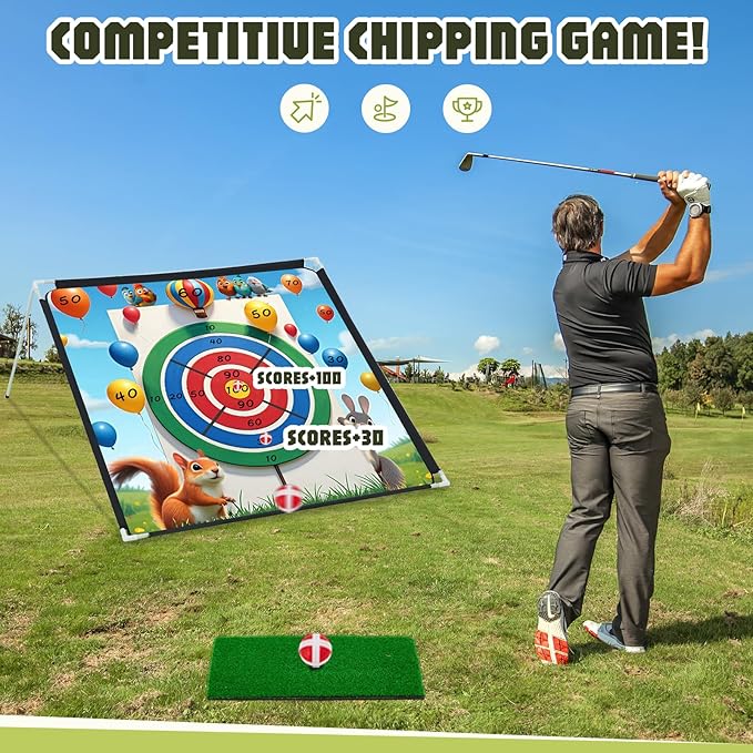 2-IN-1 Portable Golf Chipping Game Set 6×6FT 2PCS Adjustable Golf Practice Mat with 3-Level Golf Clubs 40 Sticky Balls for Indoor Outdoor Training Playing Chipping Golf Game Practice For Golfers