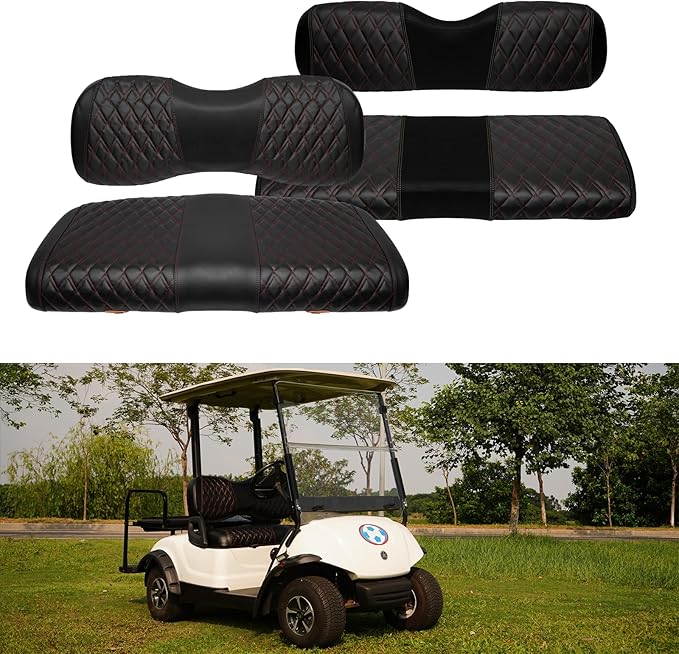 4PCS Golf Cart Diamond Seat Covers Kit, Fits Yamaha G29/Drive/Drive 2 2007+ Golf Cart Vinyl Replacement Seat Cover （Black Stitching, No Stapler, Easy to Clean）