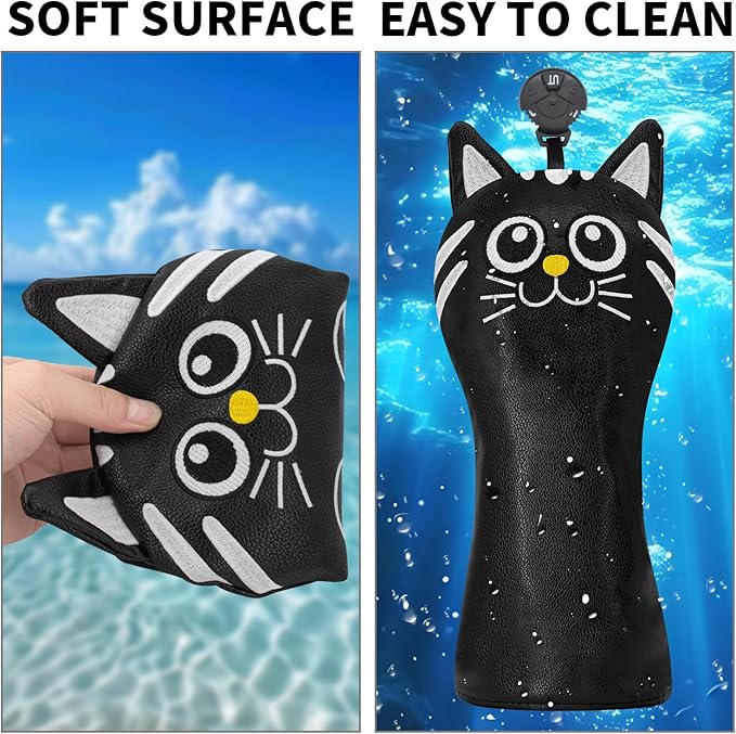 Golf Kitty Head Cover Golf Club White Leather Headcovers 1pc/4pcs Set Fits Driver Fairway Wood Hybrid Utility Putter Iron Wedge Headcover.
