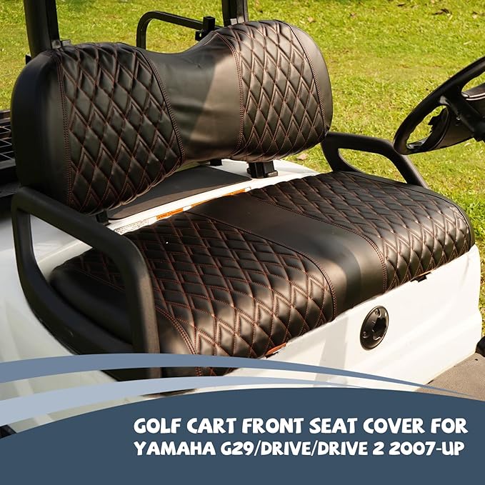 Golf Cart Vinyl Replacement Seat Covers fits Yamaha G29/Drive/Drive 2 2007+, Diamond Front Seat Cover Black Stitching Durable Breathable & Easy to Clean