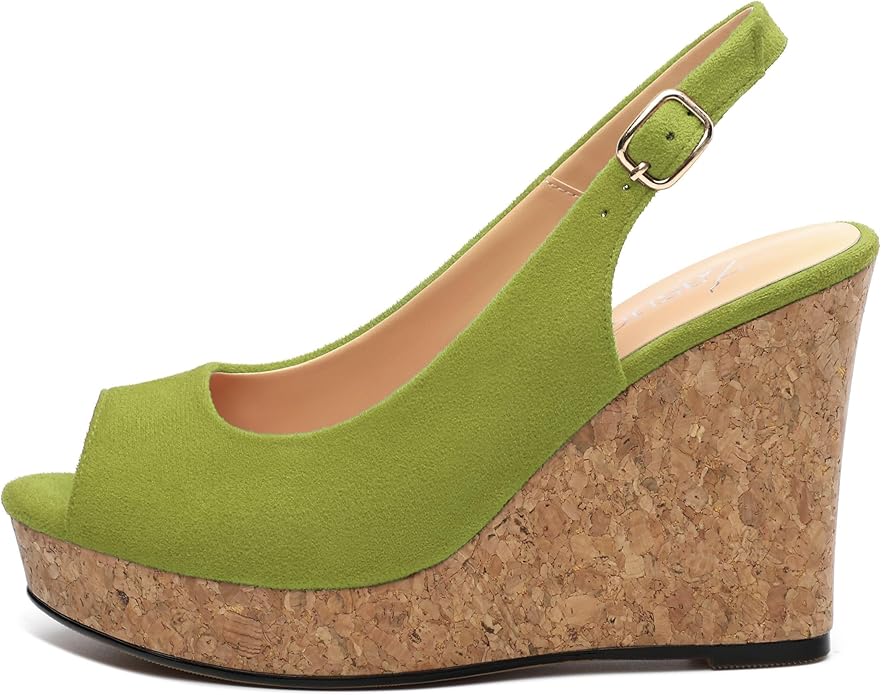 Womens Wedge Platform Sandals Peep Open Toe Slingback Buckle High Heel Dress Shoes Pumps Suede 3.94 Inch