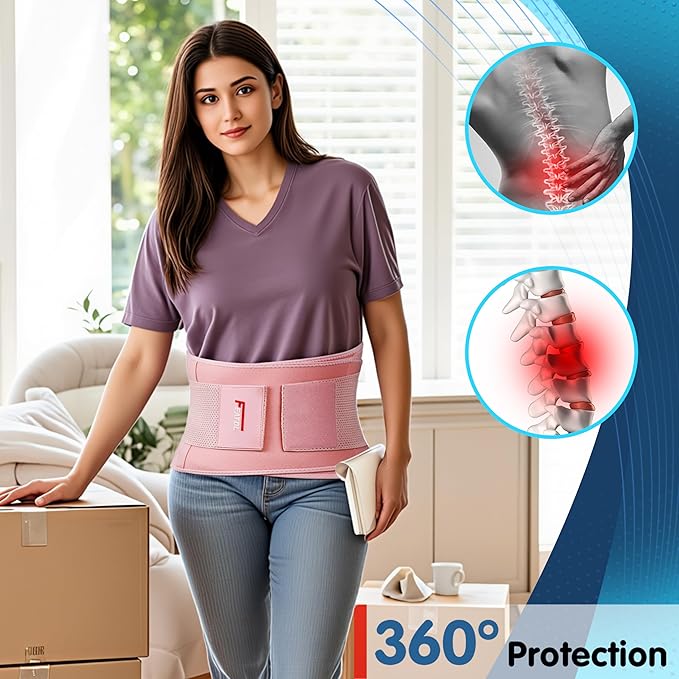 FEATOL Back Brace for Lower Back Pain, Breathable Back Support Belt for Women & Men with Lumbar Pad, Lumbar Support Belt for Heavy Lifting & Work, Pink, 2XL (Circumference:38.6-51.2")