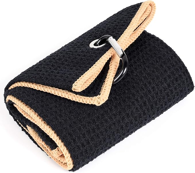 Mile High Life Tri-fold Golf Towel | Premium Microfiber Fabric | Waffle Pattern | with Heavy Duty Carabiner Clip | Golf Towel for Men and Women (Black/Yellow)