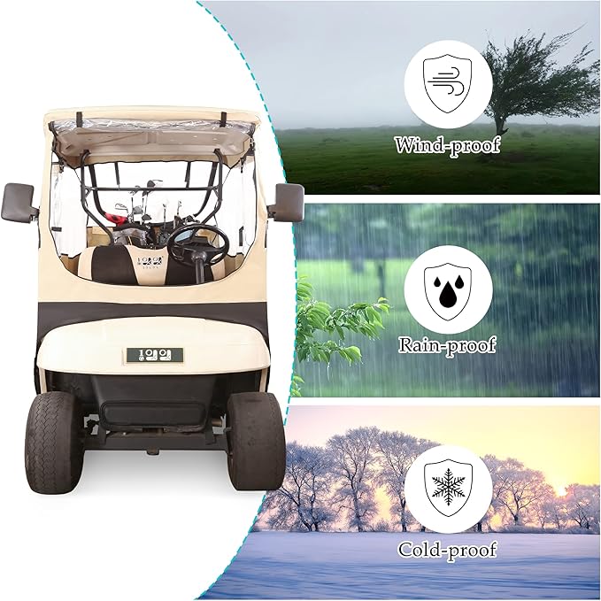 10L0L Golf Cart 2 Passenger Enclosure for EZGO TXT & RXV, 4-Sided Clear Window Rain Cover All Weather Waterproof Windproof, Beige