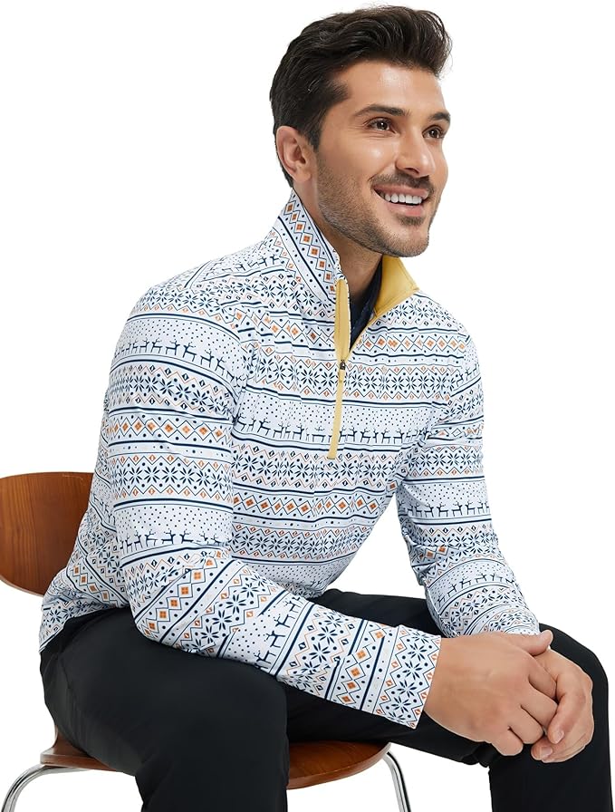 M MAELREG Quarter Zip Golf Pullover Men Dry Fit Long Sleeve Performance Wicking 1/4 Zip Full Print Pullover Mens Sweatshirt