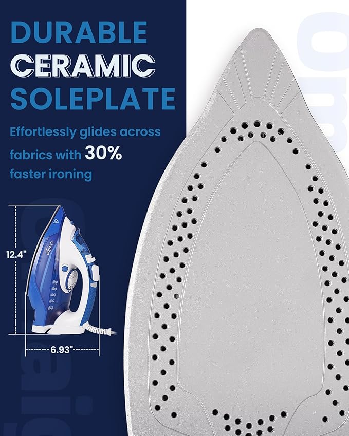 Steam Iron for Clothes, 1500W Clothes Iron with 3-Way Auto-Off, Non-Stick Ceramic Soleplate, Iron for Clothes with 11.84oz Water Tank, Self-Cleaning, Anti-calc, White