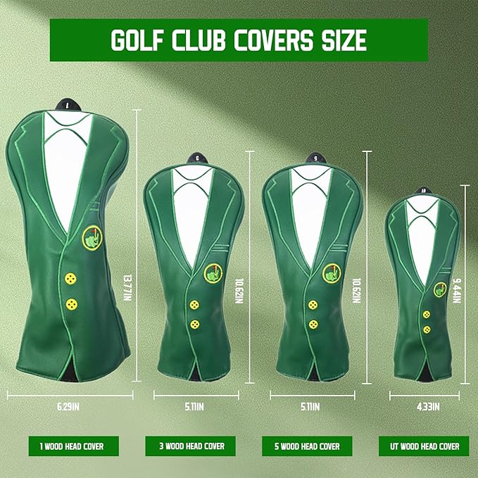 Green Jacket Golf Club Covers, PU Leather Elastic Neckline Golf Head Covers Soft Thick Lining Rainproof Sunscreen Hybrid Head Cover for 1/3/5/UT Wood Golf Club, Machine Washable