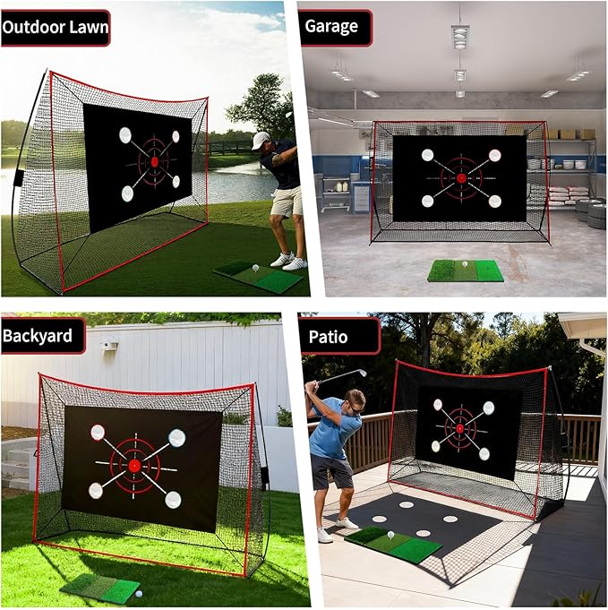 Golf Net, 10x7FT with Golf Practice Mat, Hitting Aid Net with Multi Targets Training for Backyard Driving Chipping Indoor Outdoor Use, 5-Ply Anti-Tear Netting & Carry Bag, Gifts for Men Dad Him Golfer