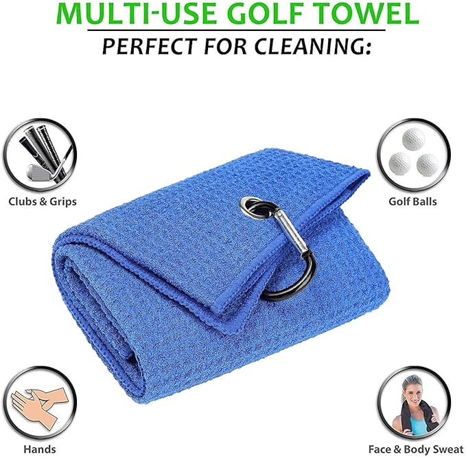 Golf Towels, Microfiber Waffle Pattern Tri-fold Golf Towel - Brush Tool Kit with Club Groove Cleaner, with Clip Men Women Golf Gifts (Blue Towel+Black Brush)