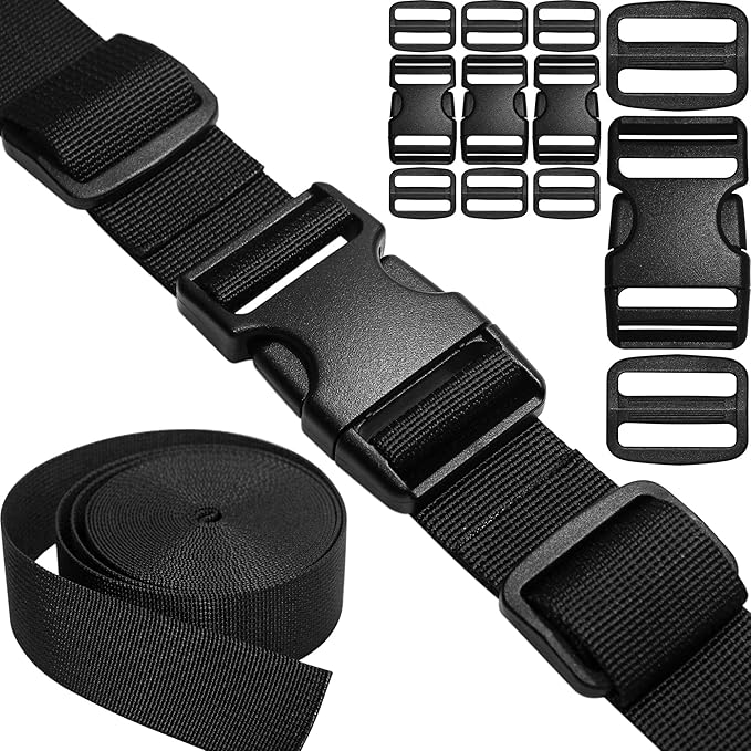 Nylon Straps 1-1/4 inch Wide with Buckles and Slides: 6 Yard of 1.25" Webbing, 4 Pack Side Release Buckle, 8 pcs Tri-Glide Slider, Heavy Duty Plastic Clip Quick Fastener Replacement Dual Adjustable