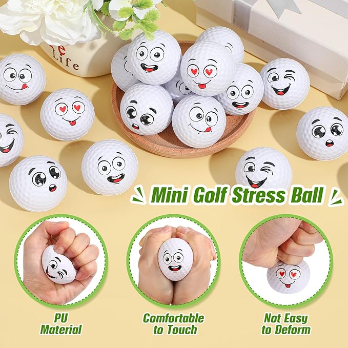 Syhood 24 Pcs Mini Golf Stress Ball Golf Party Favors 1.57 Inch Funny Face Squeeze Foam Balls with Storage Bag for Kids Men Women School Carnival Party Gift Bag Fillers