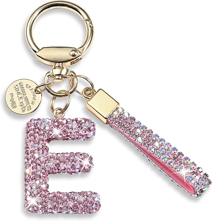 Pink Blue White Initial Letter Keychain Gift for Women Girls Bling Sparkly Cute Backpack Car Key Accessories Lanyard