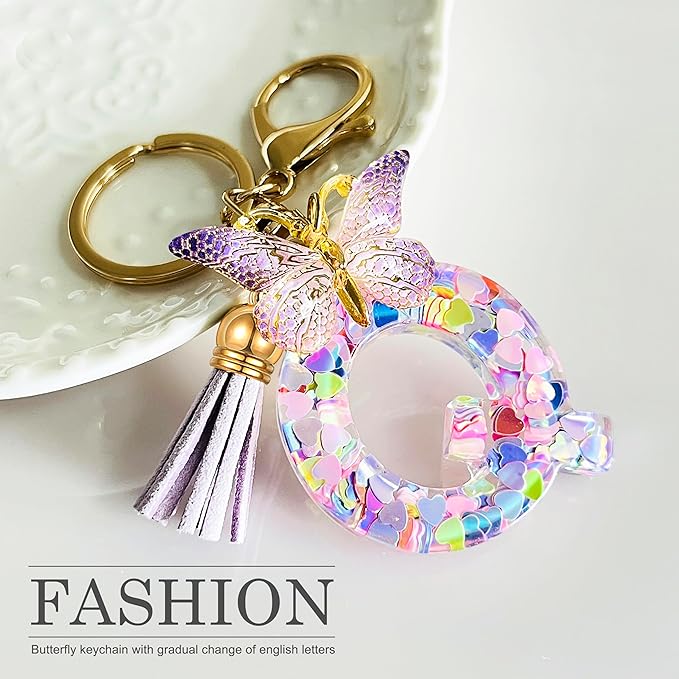 JINGUAZI Initial letter Keychains for Women Tassel Butterfly Pink Purple Cute Car Keychain for Wallet Backpack bag charm