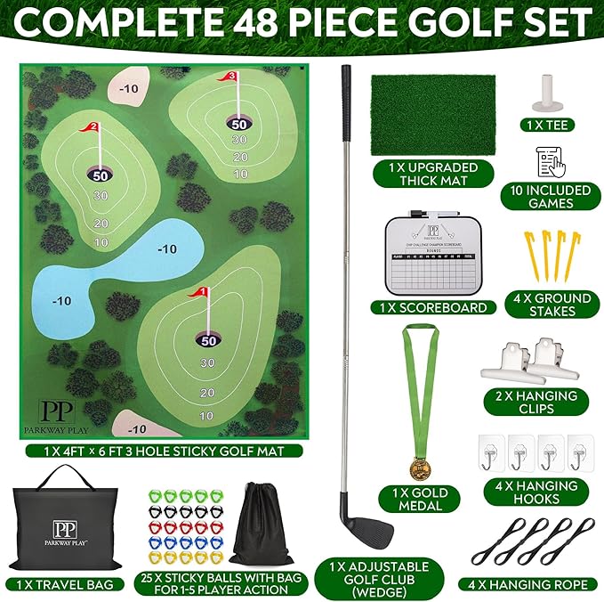 Sticky Golf Chipping Game Set - 6x6 ft Metal Frame Option with Adjustable Clubs, 25 Sticky Balls, Turf Chipping Mat & Scoreboard - Backyard Golf Target Game for All Ages for Indoor/Outdoor Practice