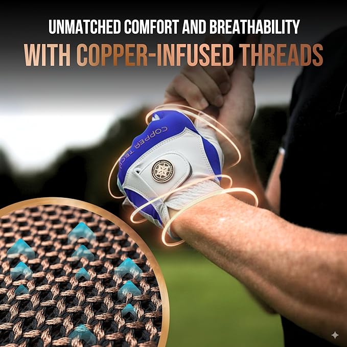 Copper Tech Plus (2 Pack) Golf Gloves Men Right Handed Golfer Or Left Handed Golfer | Copper Compression Joint Support with Flexible & Comfortable Fit | AAA Leather Construction & Tacky Silicone Pad