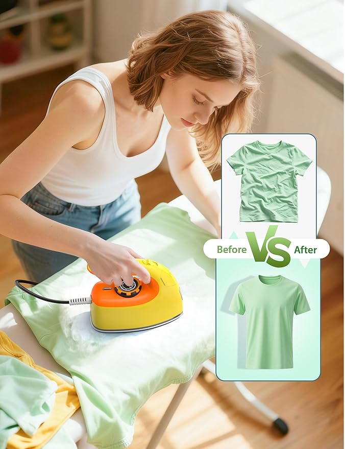 Sundu Mini Travel Iron with Steam,1000W Portable Non-Stick Soleplate Steam Samll Iron for Quilting & Sewing,300 Microsteam Holes,90ml water tank,lockable safety base,Digital Temperature Control-Yellow