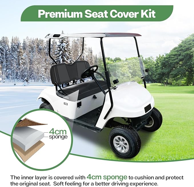 T TGBROS Golf Cart Seat Covers Fit for Yamaha Club Car EZGO Ordinary Front Rear Seat Cushion Waterproof Vinyl Leather Breathable Comfortable Replacement Black Seat Cover Anti-Scratch