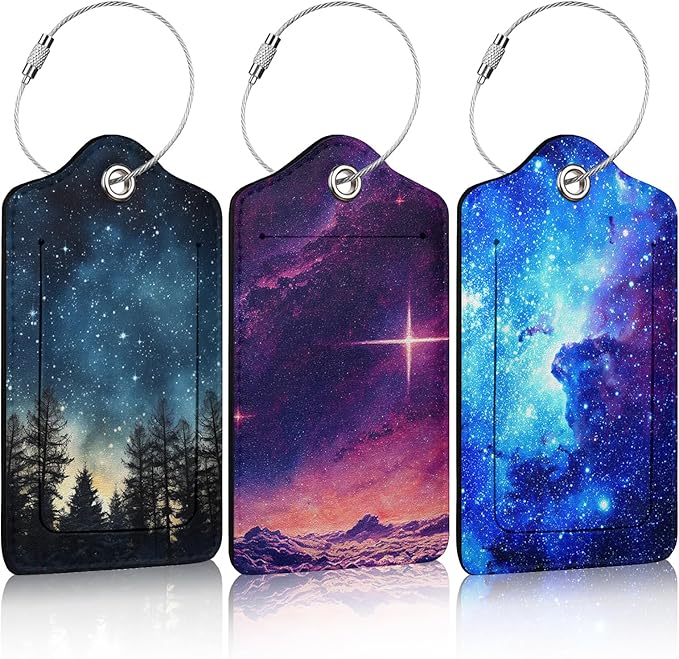 3 Pack Starry Sky Luggage Tags for Suitcase Galaxy Space PU Leather Travel Luggage Tag Privacy Cover ID Label for Women Men Baggage Backpack Handbag School Bag