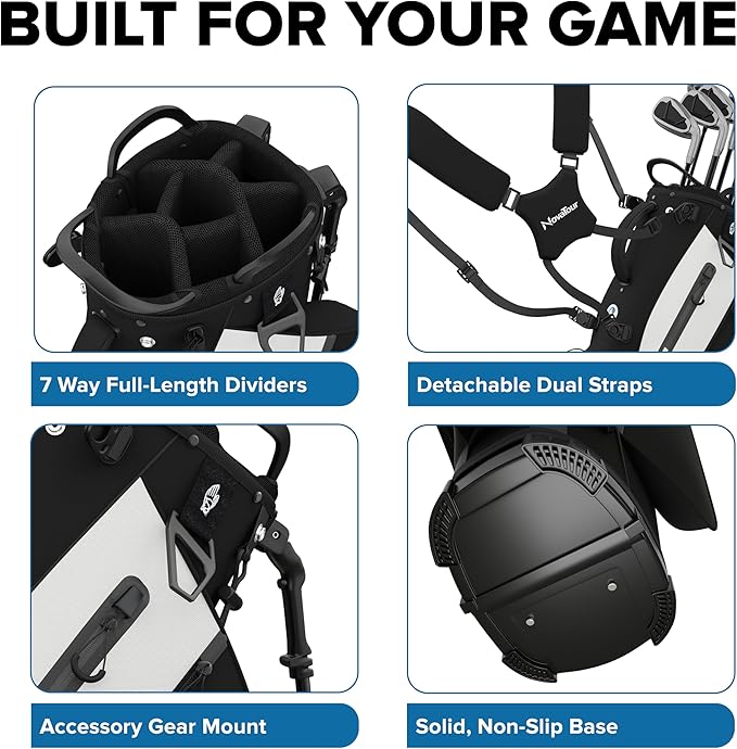 Golf Stand Bag - Lightweight Golf Bag with Stand and 7 Way Dividers, Dual Strap, Waterproof Pocket, Insulated Sleeve, Easy-Lift Handles and Swing-Cam Holder