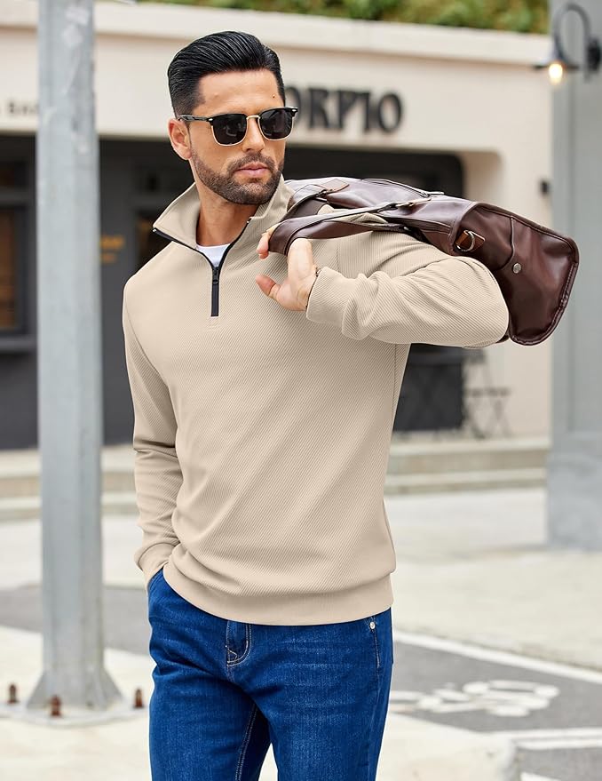 COOFANDY Mens Quarter Zip Pullover Sweatshirts Lightweight Long Sleeve Mock Neck Sweater Polo