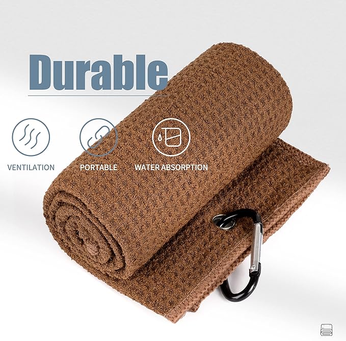 Mile High Life Tri-fold Golf Towel | 16" X 24" | Premium Microfiber Fabric | Waffle Pattern | with Heavy Duty Carabiner Clip | for Men and Women (Brown)