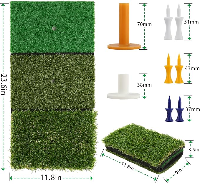 Golf Practice Mat Golf Hitting Mat for Swing, Putting & Chipping | Portable Golf Training Mat Indoor/Outdoor, Dual-Turf/Tri-Turf Golf Mat with 8 Tees