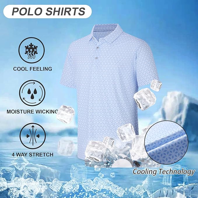 Esabel.C Golf Shirts for Men Dry Fit Performance Short Sleeve Print Moisture Wicking Collared Shirt