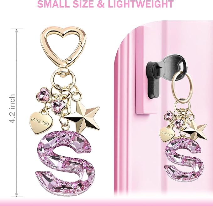 Cute Bling Keychain initial Letter Butterfly Star Pink Purple Gift for Women Girls Bag Cup Charms Accessories