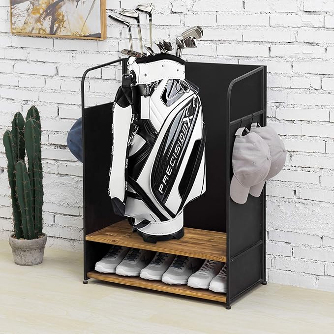 MyGift 2 Golf Bag Organizer with 2 Tier Burnt Wood Shelf for Shoes, Equipment and Hooks for Hat and Towels, Deluxe Matte Black Metal Golf Bag Storage Rack