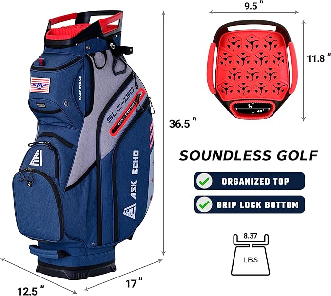 ASK ECHO SLC-130 Golf Cart Bag with 15 Way Full Length Dividers Top, Premium Quiet Golf Cart Bag with Rain Cover for Men
