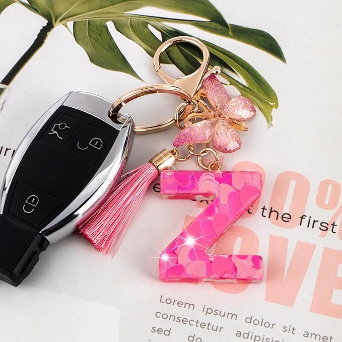 Suweibuke Colourful Cute Initial Letter Keychains for Women Girls with Tassel Butterfly, Charm for Purse Handbags Backpacks