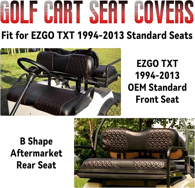 Golf Cart Seat Covers Front and Rear for EZGO TXT 1994-2013 Standard Seat Cushion, EZGO Vinyl Leather Seat Cover Set Replacement Accessories, No Staples, Black(4 PCS)