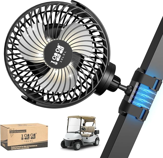 10L0L Magnetic Golf Cart Fan Rechargeable with Flexible Tripod Mount - 10000mAh Battery Operated Portable Fan 360° Rotatable Head, Fits for Yamaha/EZGO/Club Car Golf Cart with LED Light